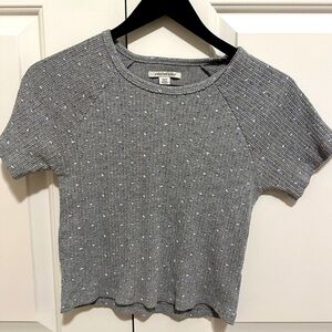 American Eagle Outfitters Grey Floral Ribbed Crop Top T-shirt Size Medium